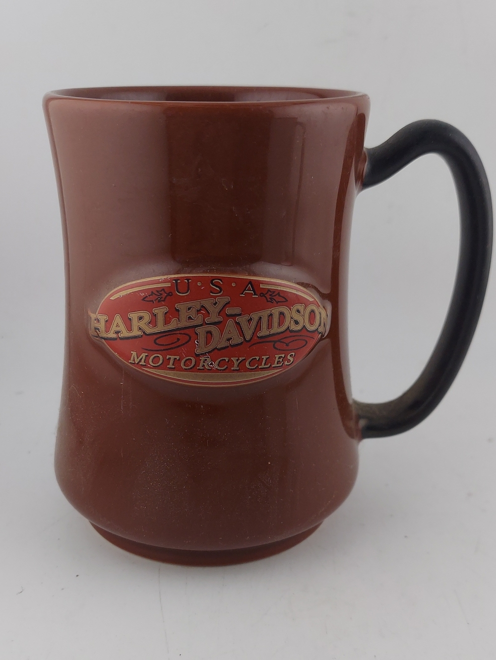 Harley-Davidson Brown Ceramic Mug with Black Handle and Red Logo